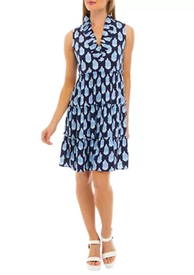 Petite Sleeveless Ruffle Neck Printed Midi Dress