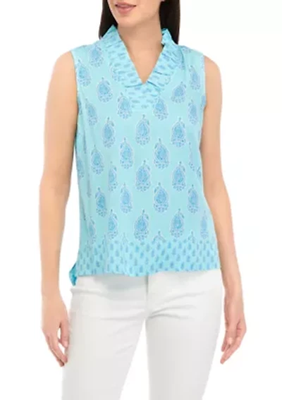 Petite Sleeveless Ruffle Neck Printed Top