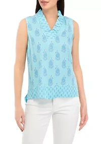 Petite Sleeveless Ruffle Neck Printed Top