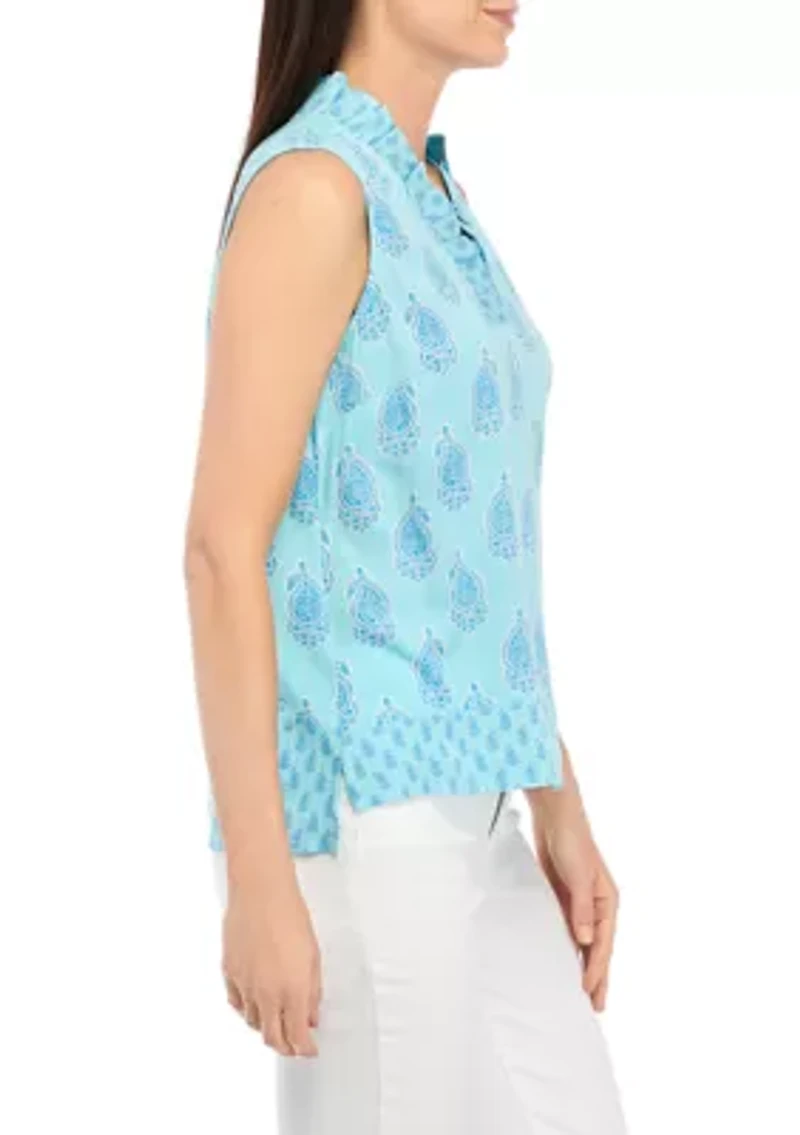 Petite Sleeveless Ruffle Neck Printed Top