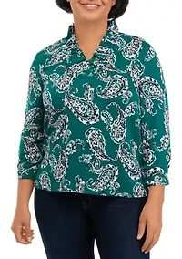 Petite 3/4 Sleeve Ruffle Neck Printed Top