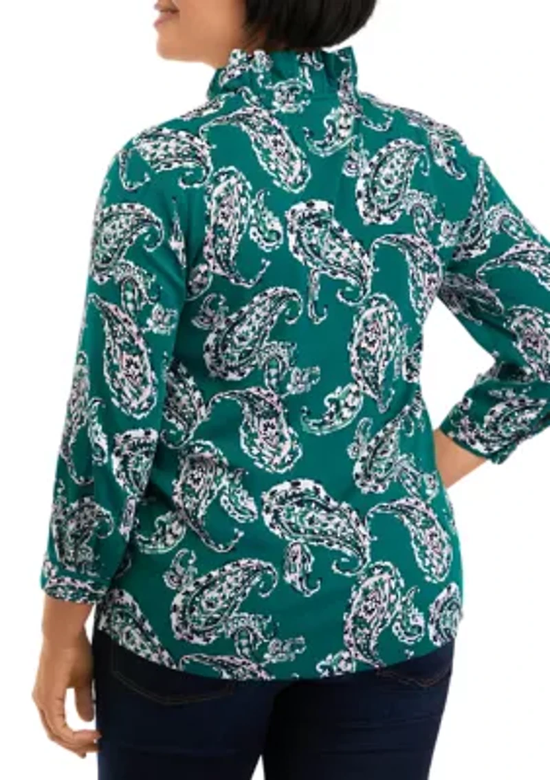 Petite 3/4 Sleeve Ruffle Neck Printed Top