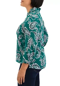 Petite 3/4 Sleeve Ruffle Neck Printed Top