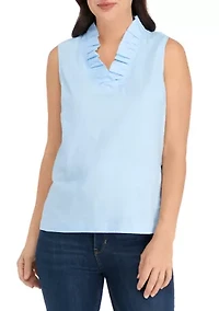 Petite Ruffle Neck Linen Top