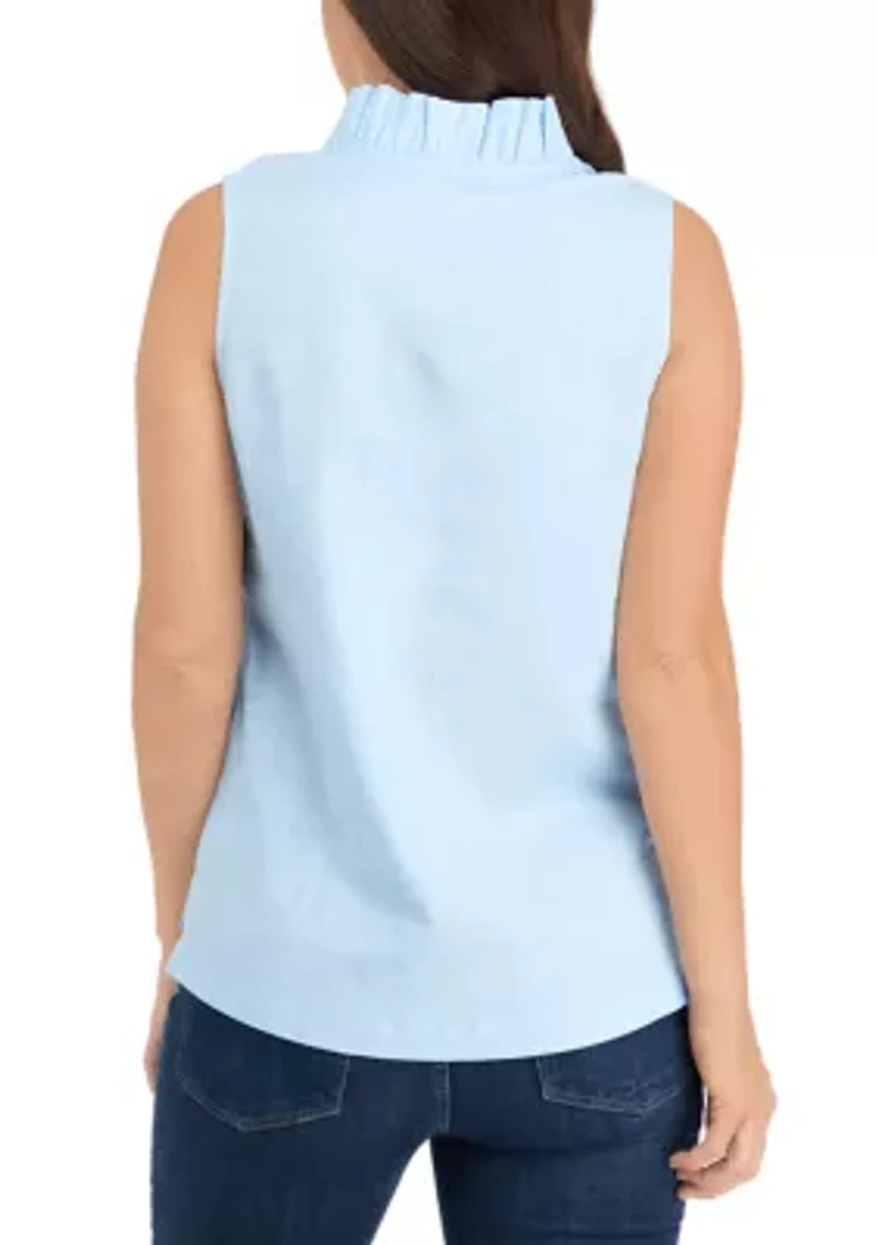 Petite Ruffle Neck Linen Top