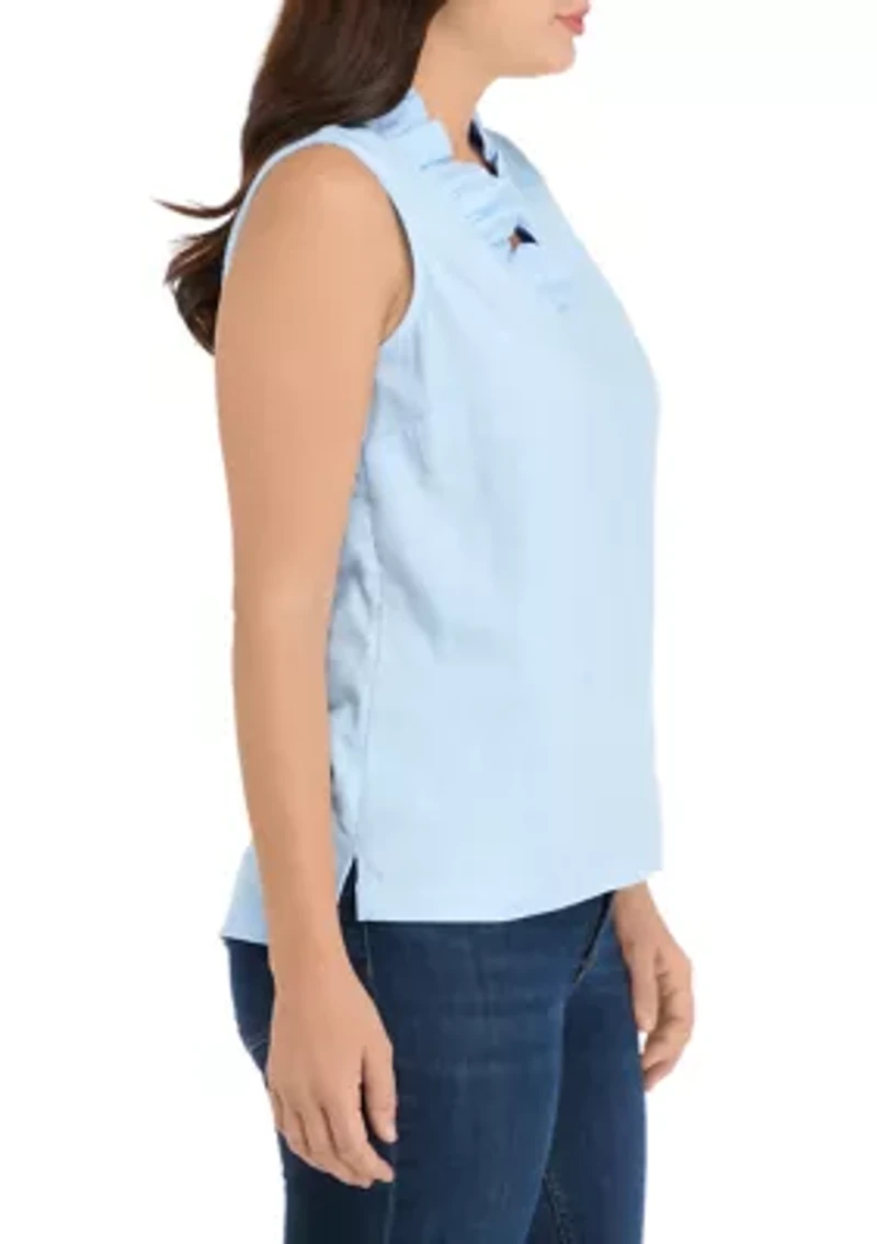 Petite Ruffle Neck Linen Top