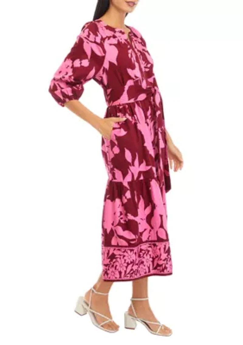 Petite 3/4 Sleeve Printed Peasant Dress