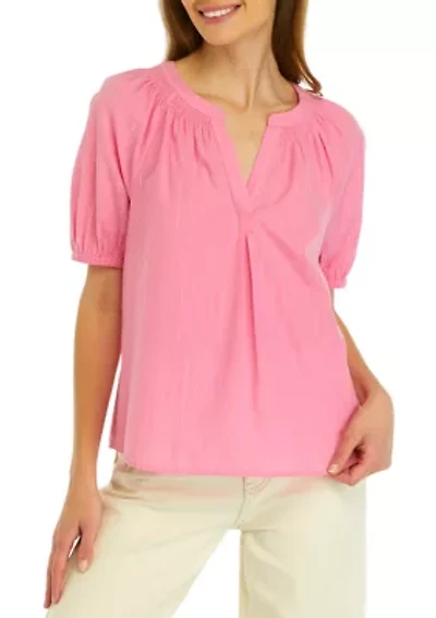Petite Puff Sleeve Split Neck Peasant Top