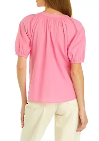 Petite Puff Sleeve Split Neck Peasant Top