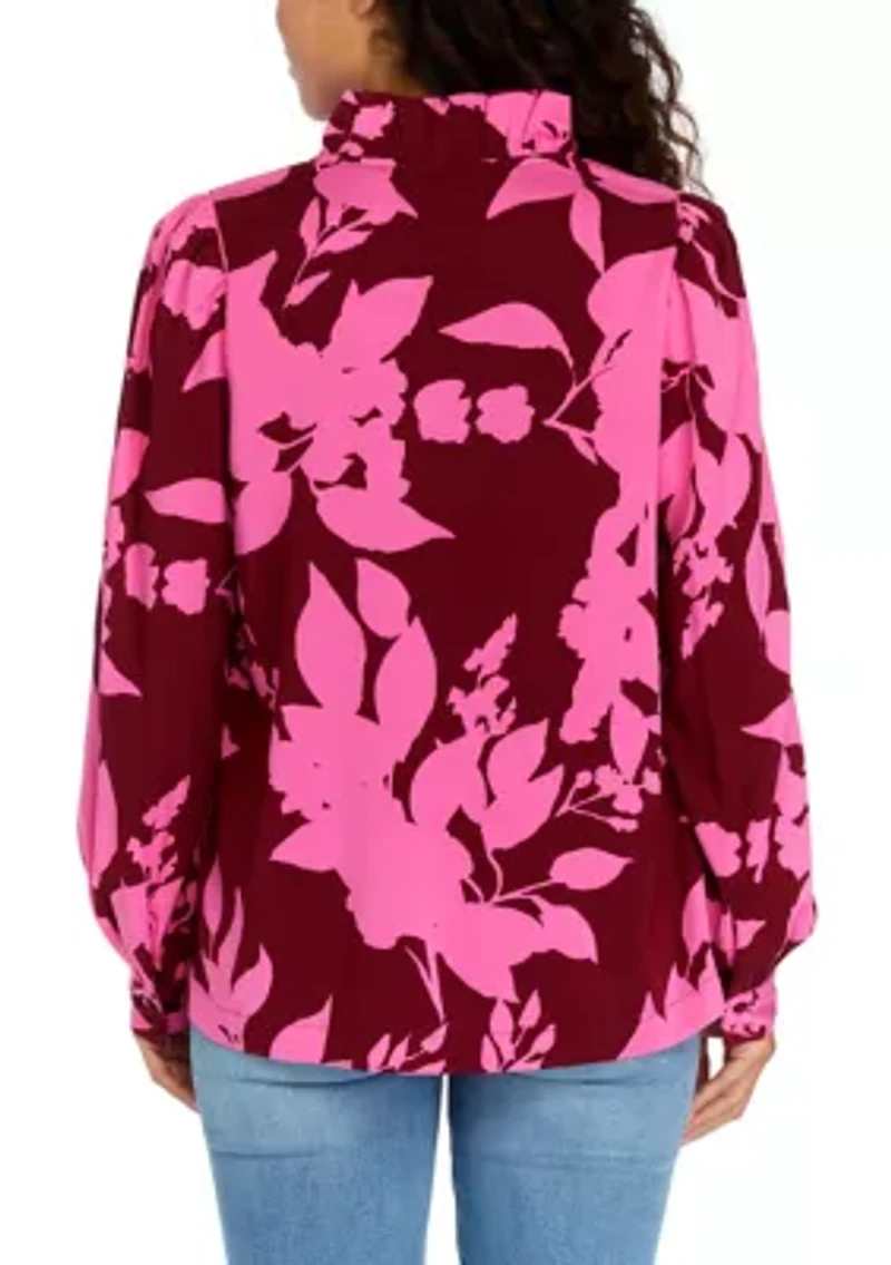 Petite Long Sleeve Ruffle Neck Printed Top