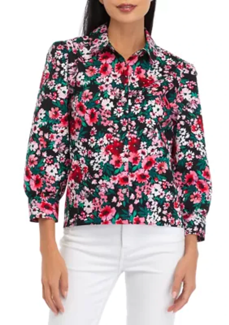Petite Blouson Sleeve Floral Button Down Shirt