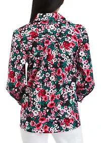 Petite Blouson Sleeve Floral Button Down Shirt
