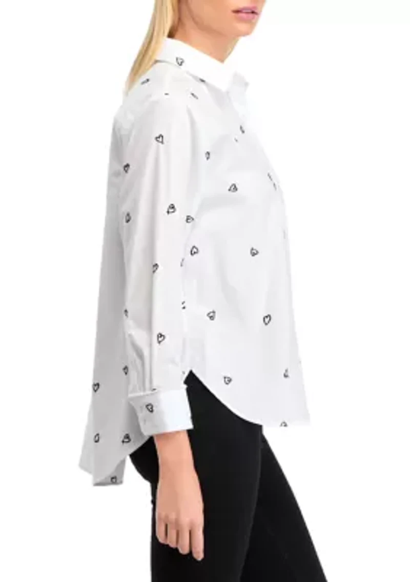 Petite Long Sleeve Button Up Embroidery Tunic Top