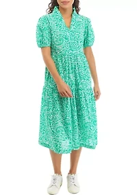 Petite Puff Sleeve Printed Midi Dress