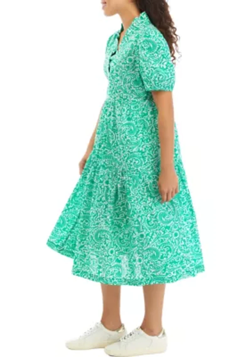 Petite Puff Sleeve Printed Midi Dress