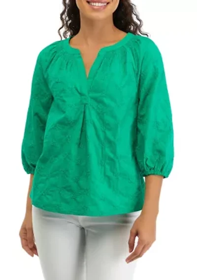 Petite 3/4 Sleeve Embroidered Peasant Top