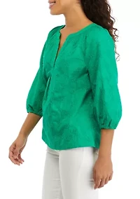 Petite 3/4 Sleeve Embroidered Peasant Top