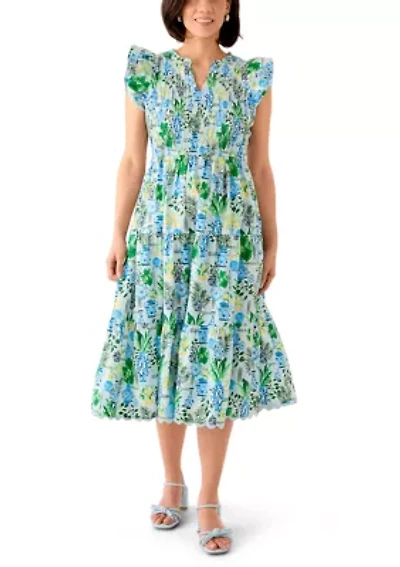 Petite Short Sleeve Smock Split Neck Dress