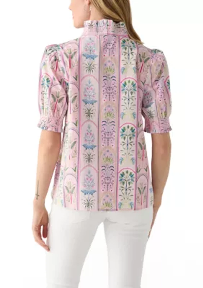 Petite Short Sleeve Smock Ruffle Neck Printed Blouse