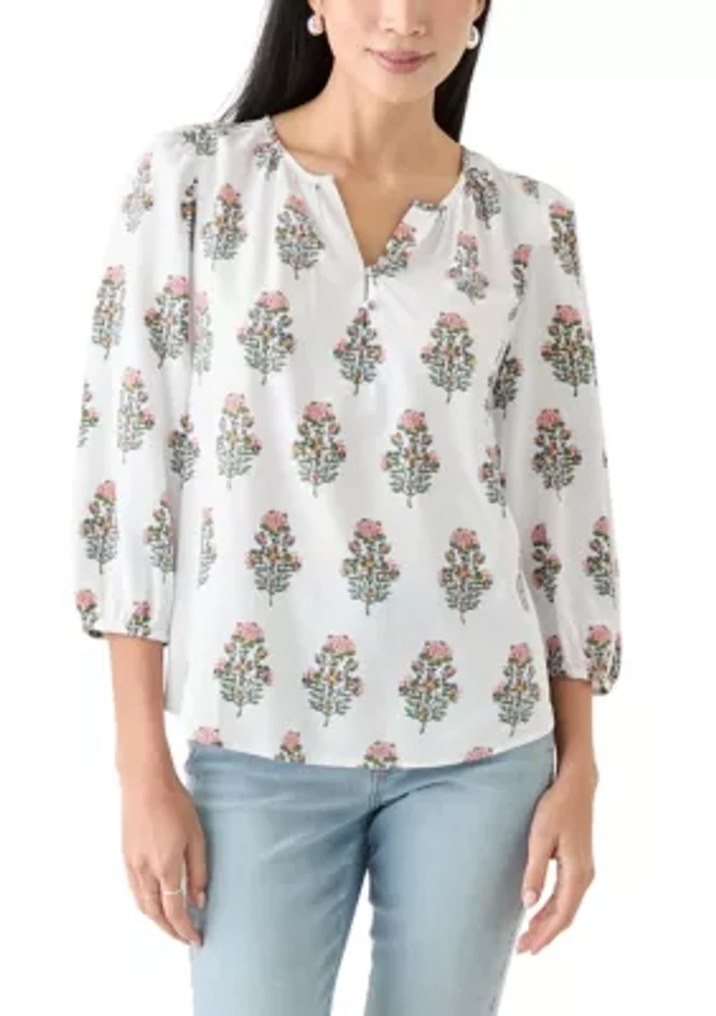 Petite 3/4 Puff Sleeve Button Front Peasant Blouse