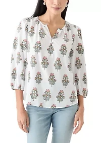 Petite 3/4 Puff Sleeve Button Front Peasant Blouse