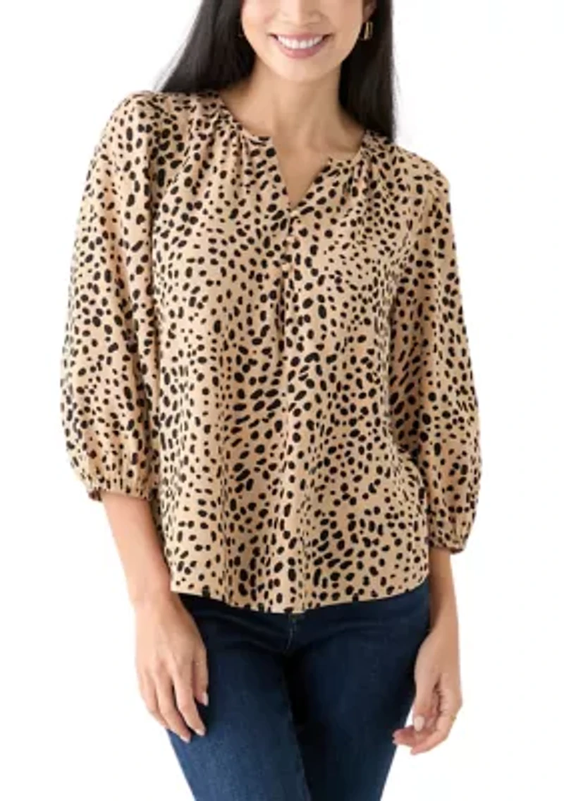 Petite 3/4 Puff Sleeve Button Front Peasant Blouse