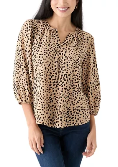 Petite 3/4 Puff Sleeve Button Front Peasant Blouse