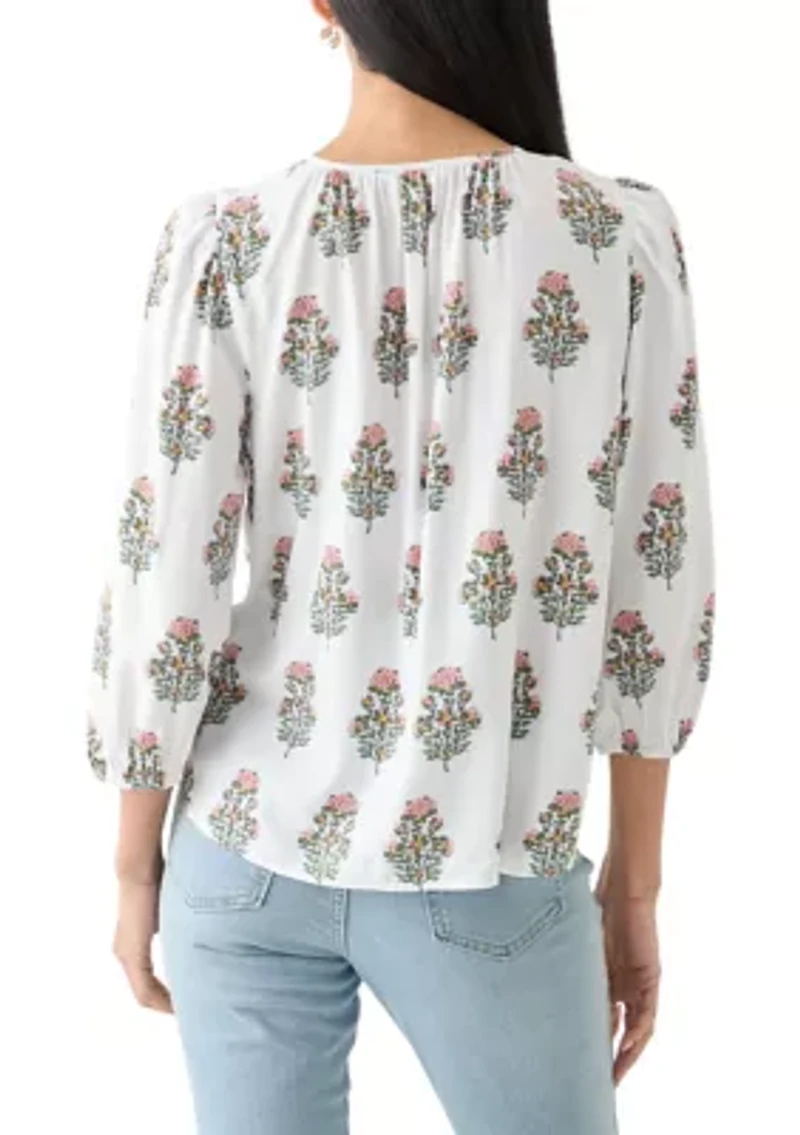 Petite 3/4 Puff Sleeve Button Front Peasant Blouse