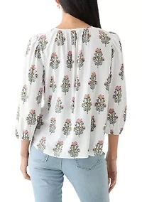 Petite 3/4 Puff Sleeve Button Front Peasant Blouse