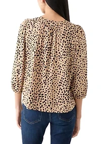 Petite 3/4 Puff Sleeve Button Front Peasant Blouse