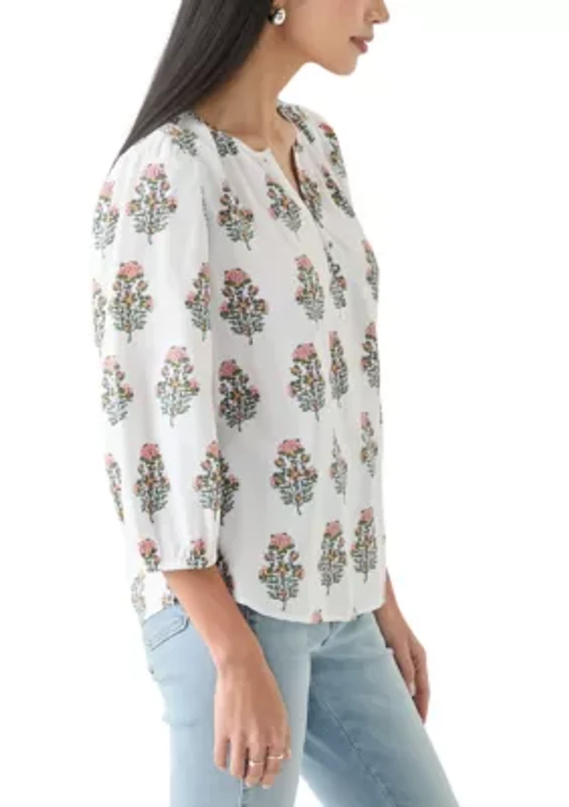 Petite 3/4 Puff Sleeve Button Front Peasant Blouse