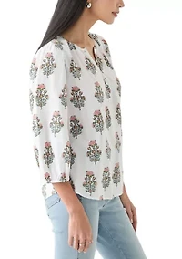 Petite 3/4 Puff Sleeve Button Front Peasant Blouse