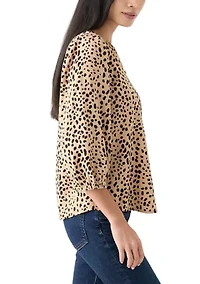 Petite 3/4 Puff Sleeve Button Front Peasant Blouse