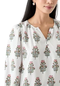 Petite 3/4 Puff Sleeve Button Front Peasant Blouse