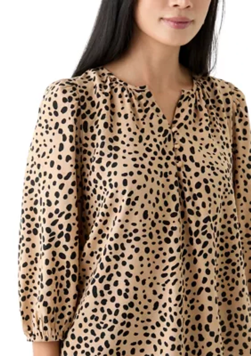 Petite 3/4 Puff Sleeve Button Front Peasant Blouse