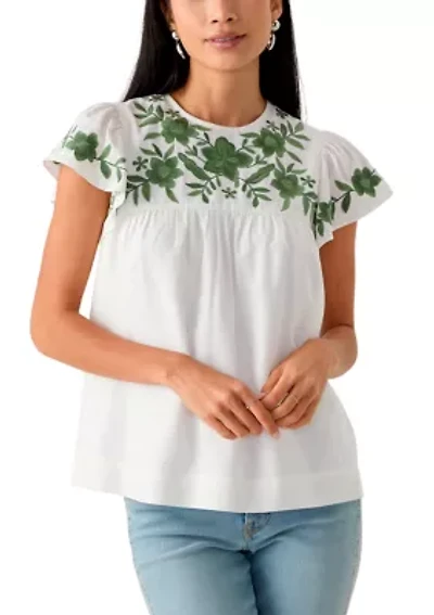 Petite Flutter Sleeve Embroidered Top
