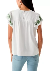 Petite Flutter Sleeve Embroidered Top