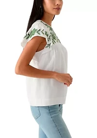 Petite Flutter Sleeve Embroidered Top