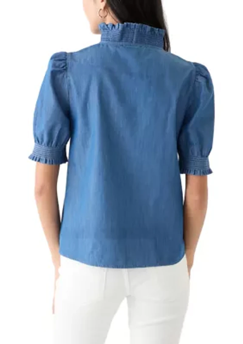 Petite Puff Sleeve Ruffle Neck Chambray Top