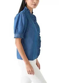 Petite Puff Sleeve Ruffle Neck Chambray Top