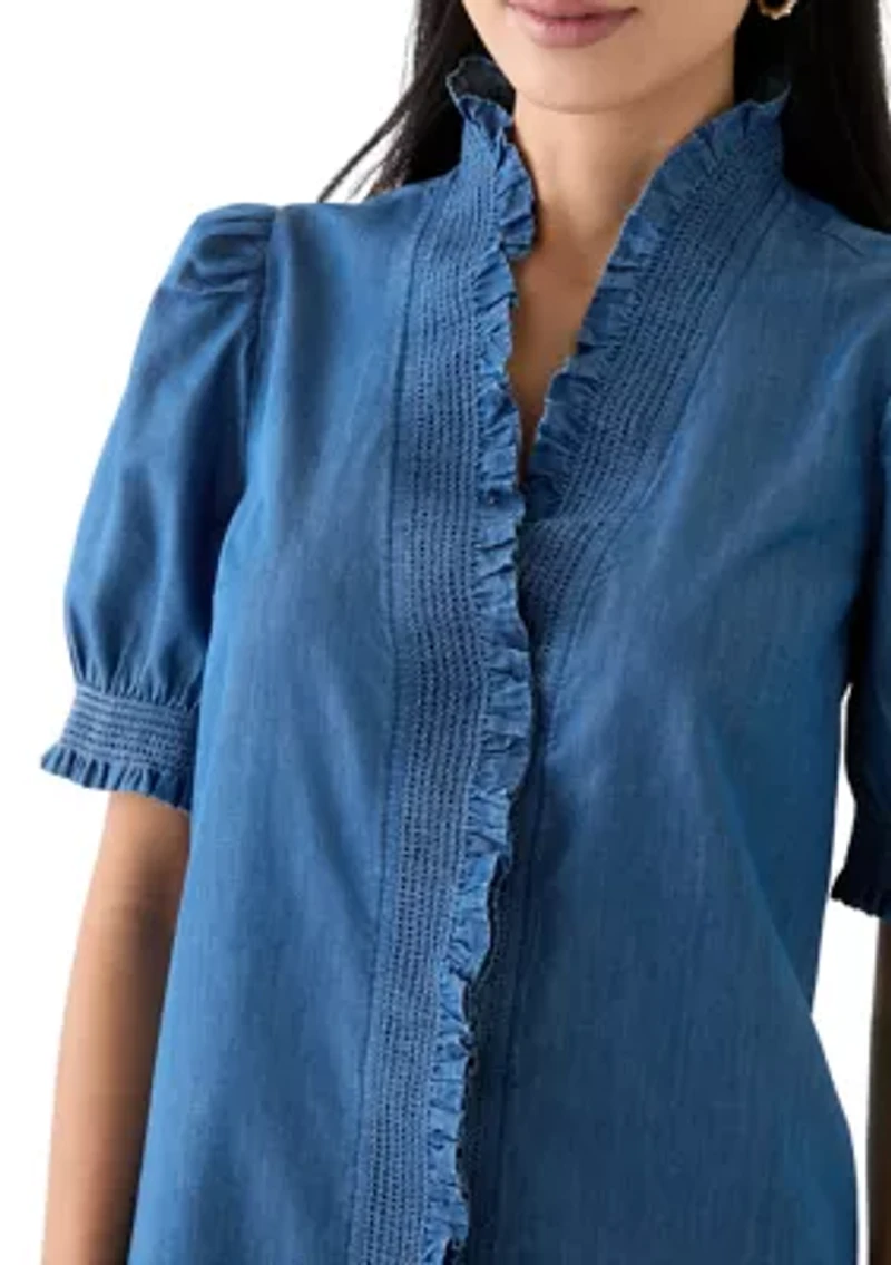 Petite Puff Sleeve Ruffle Neck Chambray Top