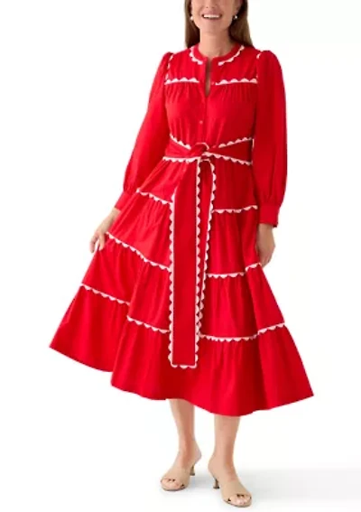 Petite Long Sleeve Scallop Trim Shirt Dress