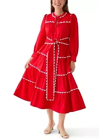 Petite Long Sleeve Scallop Trim Shirt Dress