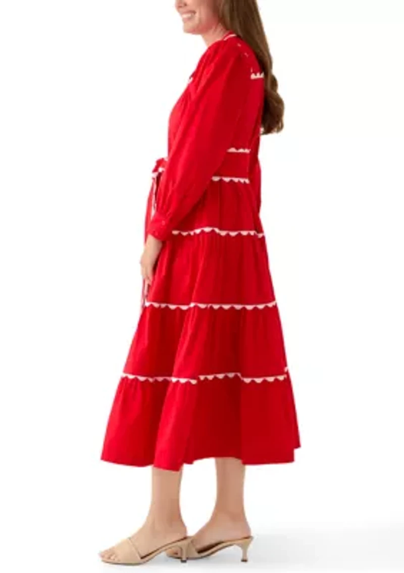 Petite Long Sleeve Scallop Trim Shirt Dress