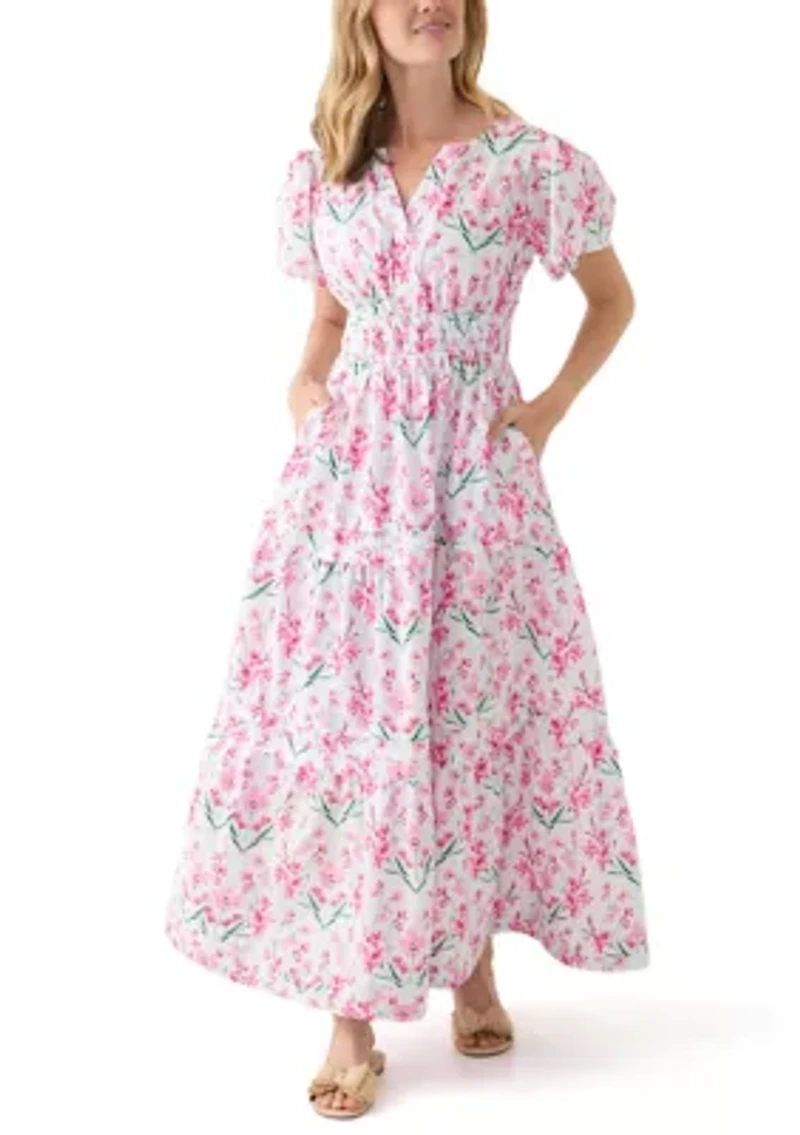 Petite Short Puff Sleeve Waisted Midi Dress