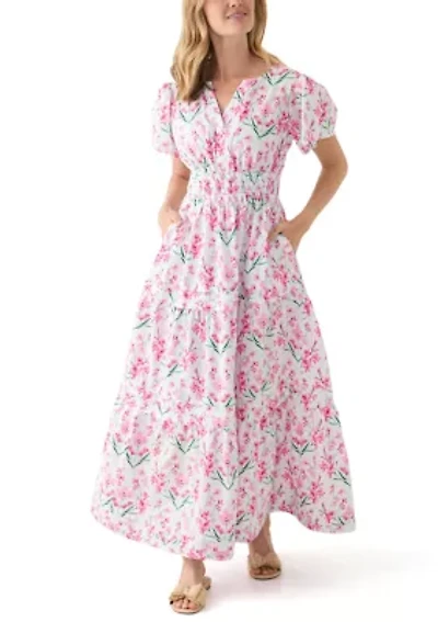 Petite Short Puff Sleeve Waisted Midi Dress