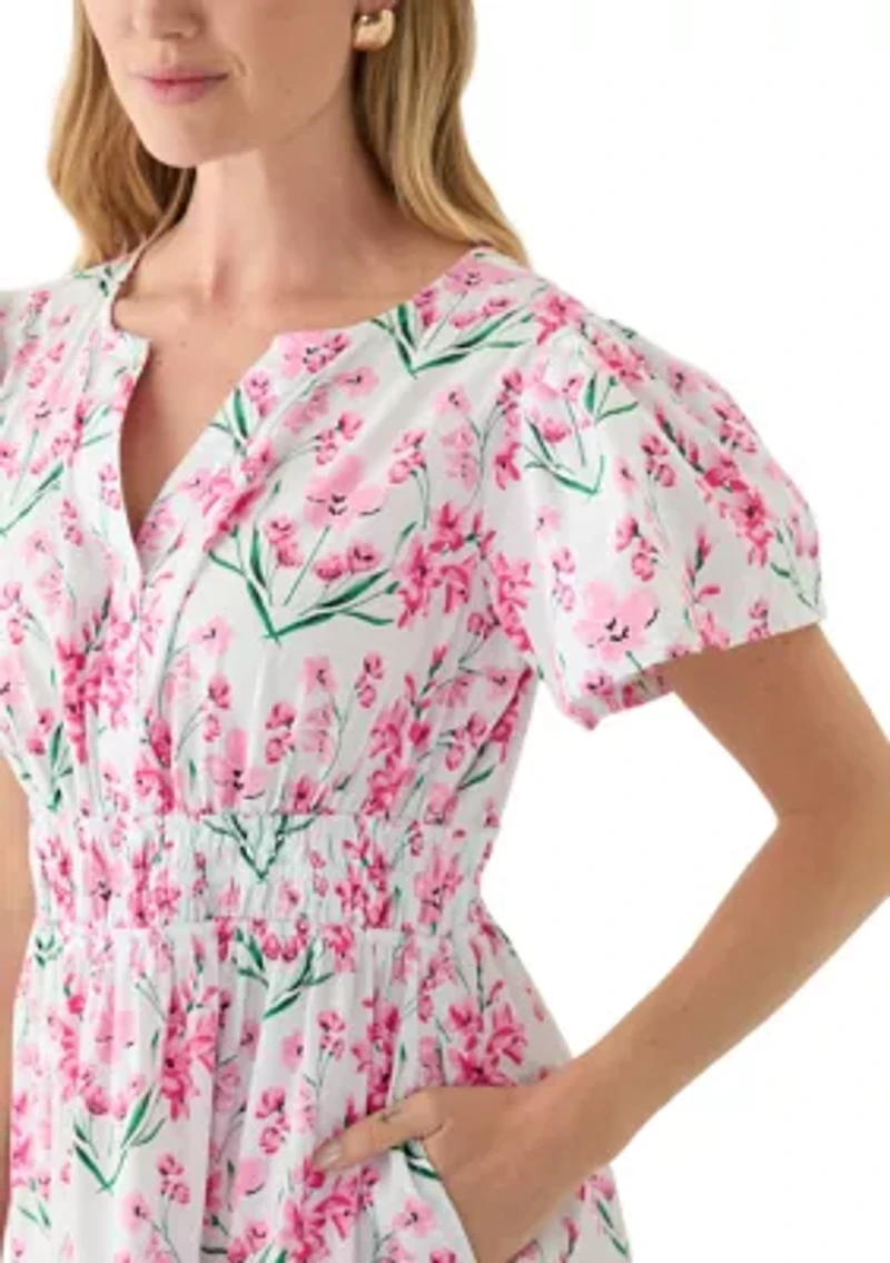 Petite Short Puff Sleeve Waisted Midi Dress
