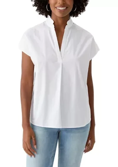Petite Short Sleeve Dolman Ruffle Neck Top