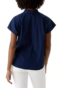 Petite Short Sleeve Dolman Ruffle Neck Top