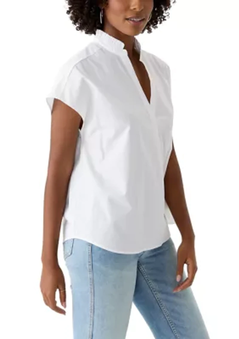Petite Short Sleeve Dolman Ruffle Neck Top